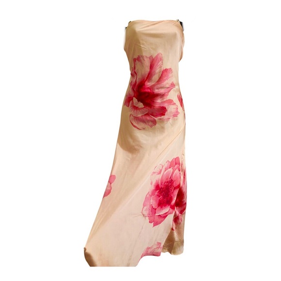 Trixxi peach pink flowers multi strapless satin effect maxi dress size large new - Picture 4 of 17